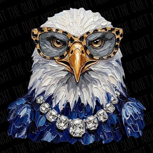 May include: An oil painting of a bald eagle head with thick, textured brushstrokes. The eagle wears leopard-print glasses and a necklace of large, clear, faceted crystals. The feathers are white and blue, and the beak is a glossy, golden yellow.