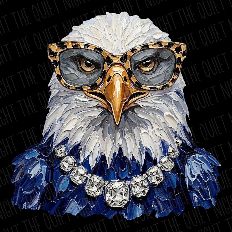 May include: An oil painting of a bald eagle head with thick, textured brushstrokes. The eagle wears leopard-print glasses and a necklace of large, clear, faceted crystals. The feathers are white and blue, and the beak is a glossy, golden yellow.