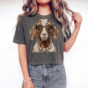 May include: A charcoal gray short-sleeve t-shirt featuring a graphic illustration of a brown goat wearing leopard print glasses and a chunky gold-toned necklace with large clear crystals. The goat is depicted in a painterly style with visible brushstrokes.