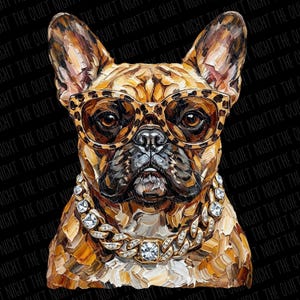 May include: A detailed painting of a French Bulldog wearing leopard print glasses and a diamond-studded gold chain. The dog's fur is a mix of brown and tan, set against a black background with the text "THE QUIET NIGHT" repeated.