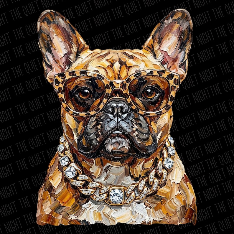 May include: A detailed painting of a French Bulldog wearing leopard print glasses and a diamond-studded gold chain. The dog's fur is a mix of brown and tan, set against a black background with the text "THE QUIET NIGHT" repeated.