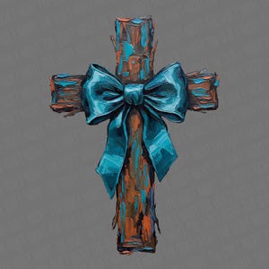 Peut inclure: Une croix en bois avec un n&oelig;ud bleu sarcelle. La croix est peinte avec des coups de pinceau bruns, orange et bleu sarcelle. Le n&oelig;ud est d'une couleur bleu sarcelle vibrante et est nou&eacute; au centre de la croix. Le fond est de couleur grise unie.