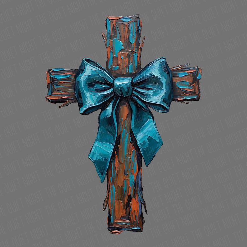 Peut inclure: Une croix en bois avec un n&oelig;ud bleu sarcelle. La croix est peinte avec des coups de pinceau bruns, orange et bleu sarcelle. Le n&oelig;ud est d'une couleur bleu sarcelle vibrante et est nou&eacute; au centre de la croix. Le fond est de couleur grise unie.
