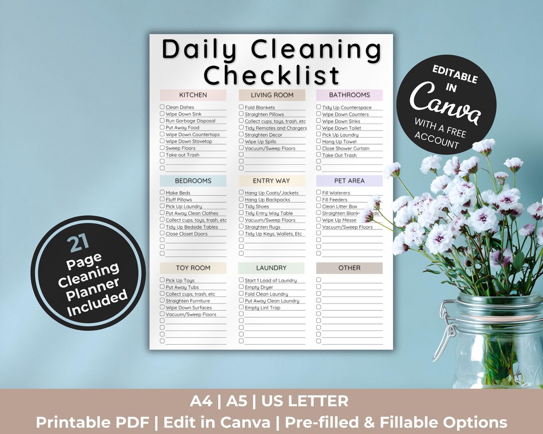Editable Cleaning Checklist | Printable Cleaning Checklist | Household ...