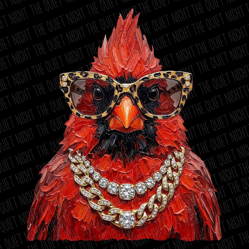 May include: A vibrant red cardinal bird with black accents, wearing leopard print glasses and a gold chain necklace with diamond accents. The artwork is set against a black background with the text "THE QUIET NIGHT" repeated diagonally.