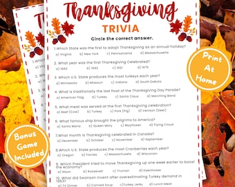 Thanksgiving Trivia Printable Game | Friendsgiving Game | Trivia Printable | Thanksgiving Quiz | Family Friendly Game | Turkey Day Trivia