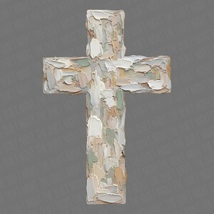May include: A textured, off-white cross with a layered, impasto effect. The cross features a mix of neutral colors, including white, beige, and pale green, creating a rustic, artistic appearance. The words "THE QUIET NIGHT" are faintly visible in the background.