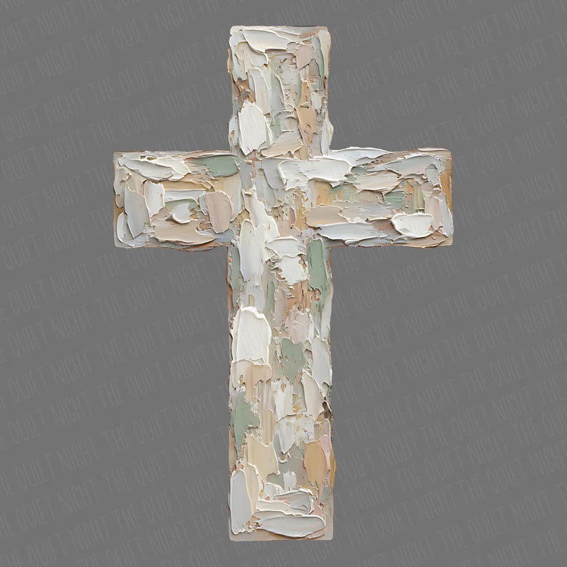 May include: A textured, off-white cross with a layered, impasto effect. The cross features a mix of neutral colors, including white, beige, and pale green, creating a rustic, artistic appearance. The words "THE QUIET NIGHT" are faintly visible in the background.