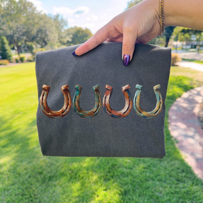 May include: A dark gray t-shirt featuring five colorful horseshoe designs. The horseshoes are painted in shades of brown, blue, and orange. The shirt is held up against a green grassy background.