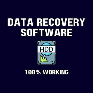 Peut inclure: Graphique bleu marine avec le texte blanc "DATA RECOVERY SOFTWARE". En dessous, une illustration de disque dur avec "HDD". Le texte "100% WORKING" est en bas, tout en blanc.