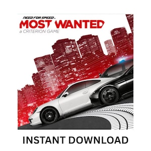 Può includere: La copertina del videogioco "Need for Speed: Most Wanted" presenta un'auto sportiva bianca e un'auto sportiva nera con una barra luminosa della polizia, che corre su una pista. Lo sfondo mostra un paesaggio urbano rosso. Le parole "MOST WANTED" sono in grandi lettere rosse.