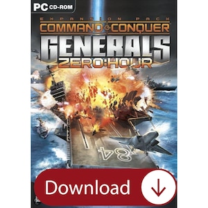 Puede incluir: Caja de juego para PC CD-ROM de Command & Conquer Generals: Zero Hour. La portada presenta un caza a reacción en un portaaviones, explosiones y barcos de guerra. La palabra "Download" se muestra en una pancarta roja.