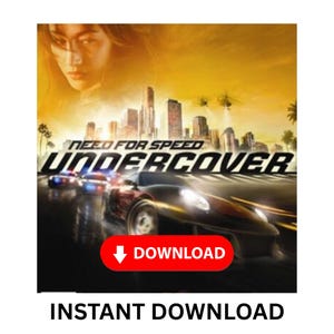 以下が含まれることがあります： Need for Speed Undercoverのゲームカバーアート。女性の顔、都市景観、2台のレーシングカーが描かれています。「Need for Speed Undercover」の文字が大きく表示され、赤い「ダウンロード」ボタンと「インスタントダウンロード」の文字が下にあります。
