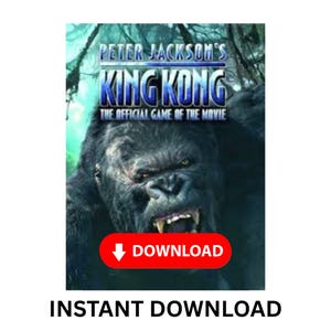 Może przedstawiać: Grafika do pobrania cyfrowego dla "Peter Jackson's King Kong: The Official Game of the Movie". Obraz przedstawia twarz King Konga, z tytułem gry w kolorze niebieskim i białym. Czerwony przycisk "Pobierz" znajduje się na dole, ze słowami "Natychmiastowe pobieranie" poniżej.