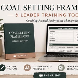 May include: A digital product titled "GOAL SETTING FRAMEWORK & LEADER TRAINING TOOLKIT" with "Coaching-Focused Performance Management" text. The image shows a laptop displaying a goal-setting template, a book, a mug, and a plant. The book is labeled "GOAL SETTING FRAMEWORK Editable Template".
