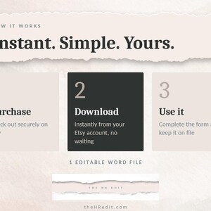 Op de afbeelding: Een instructieve afbeelding met de titel How It Works: Instant. Simple. Yours. Het toont drie stappen: 1. Purchase, 2. Download en 3. Use it. De tekst 1 Editable Word File en de website theHRedit.com zijn ook zichtbaar op de pagina.