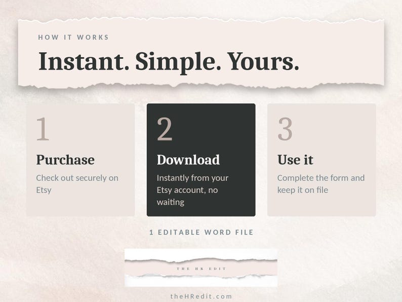 Op de afbeelding: Een instructieve afbeelding met de titel How It Works: Instant. Simple. Yours. Het toont drie stappen: 1. Purchase, 2. Download en 3. Use it. De tekst 1 Editable Word File en de website theHRedit.com zijn ook zichtbaar op de pagina.