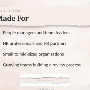 K&ouml;nnte beinhalten: Eine hellfarbige Informationsgrafik mit der &Uuml;berschrift Who This Is For Made For. Sie listet vier Kategorien auf: Personalmanager und Teamleiter, HR-Profis und HR-Partner, kleine bis mittelst&auml;ndische Organisationen sowie wachsende Teams, die einen Bewertungsprozess aufbauen.