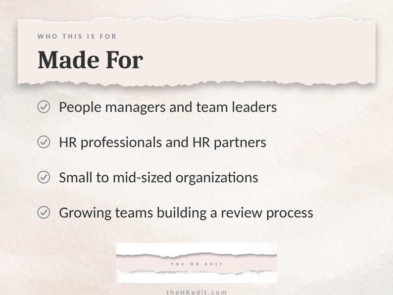 K&ouml;nnte beinhalten: Eine hellfarbige Informationsgrafik mit der &Uuml;berschrift Who This Is For Made For. Sie listet vier Kategorien auf: Personalmanager und Teamleiter, HR-Profis und HR-Partner, kleine bis mittelst&auml;ndische Organisationen sowie wachsende Teams, die einen Bewertungsprozess aufbauen.