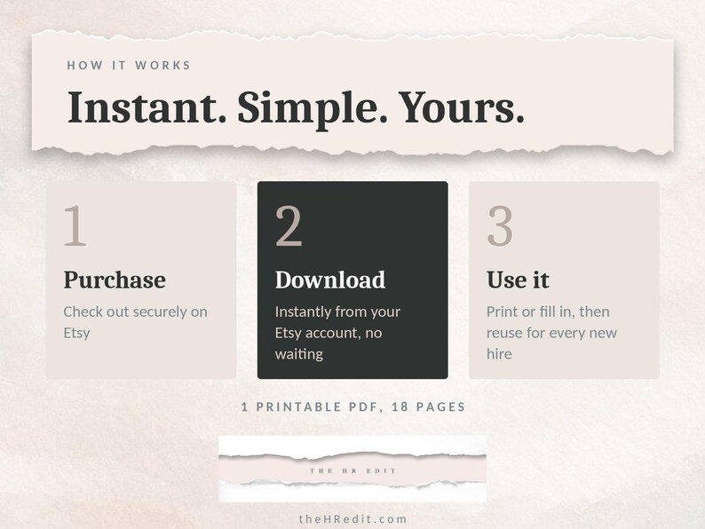 May include: An instructional graphic titled How It Works: Instant. Simple. Yours. It outlines three steps: 1. Purchase, 2. Download, and 3. Use it. The text 1 printable PDF, 18 pages is included, along with the brand name The HR Edit at the bottom.