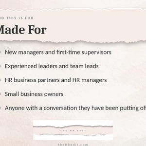 May include: A light beige informational graphic with the heading Who This Is For Made For. It lists five categories with tick icons: new managers, experienced leaders, HR professionals, small business owners, and those avoiding conversations.