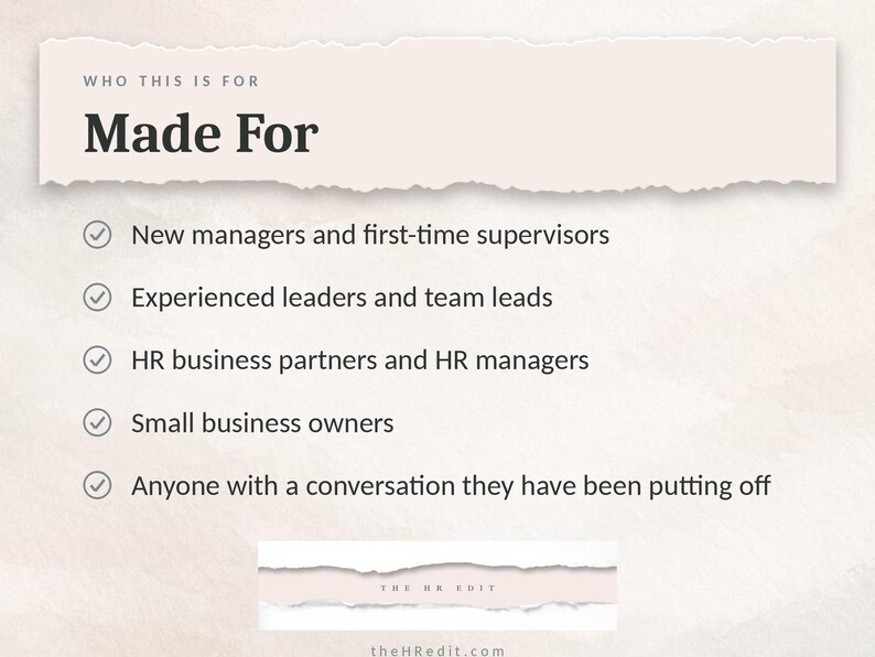 May include: A light beige informational graphic with the heading Who This Is For Made For. It lists five categories with tick icons: new managers, experienced leaders, HR professionals, small business owners, and those avoiding conversations.