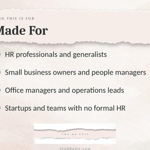 Op de afbeelding: Een digitale afbeelding met een gescheurde papieren koptekst met de tekst WHO THIS IS FOR Made For. Hieronder staan vier opsommingstekens voor HR-professionals, eigenaren van kleine bedrijven, kantoormanagers en startups. Onderaan staat THE HR EDIT.