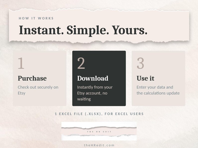 K&ouml;nnte beinhalten: Eine Infografik mit dem Titel How It Works: Instant. Simple. Yours. Sie beschreibt einen dreistufigen Prozess: 1. Purchase, 2. Download und 3. Use it. Der Text spezifiziert 1 Excel file (.xlsx) f&uuml;r Excel-Nutzer und enth&auml;lt den Markennamen The HR Edit.