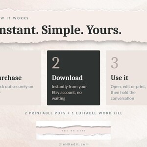 May include: An instructional graphic titled How It Works: Instant. Simple. Yours. It outlines three steps: 1. Purchase, 2. Download, and 3. Use it. The bottom text specifies 2 printable PDFs + 1 editable Word file, with theHredit.com at the base.