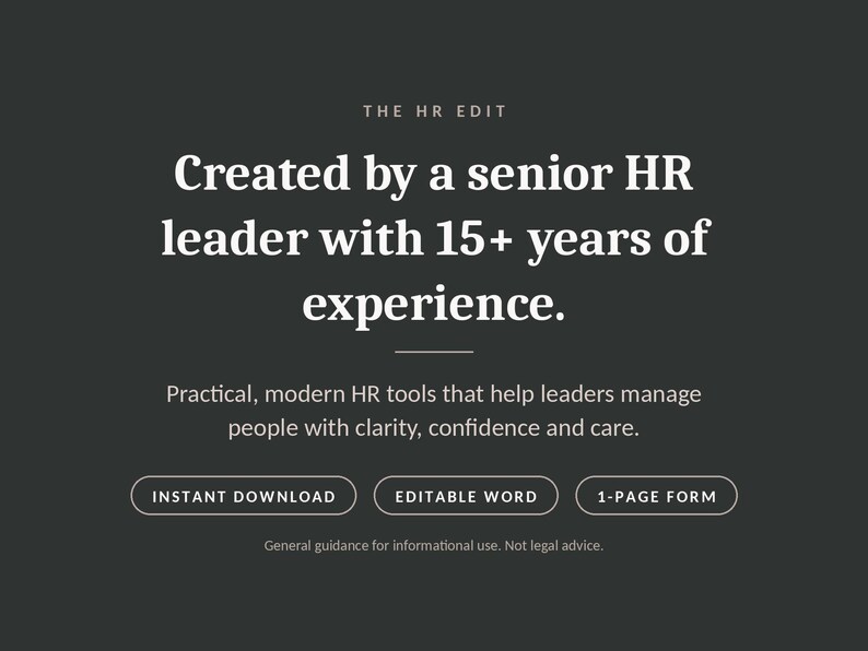 Op de afbeelding: Een donkergrijze digitale afbeelding met de tekst THE HR EDIT, Created by a senior HR leader with 15+ years of experience, en Practical, modern HR tools that help leaders manage people. Bevat knoppen voor INSTANT DOWNLOAD, EDITABLE WORD, 1-PAGE FORM.