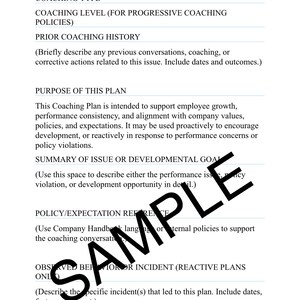 Op de afbeelding: Een wit document getiteld Coaching Plan met zwarte tekstvelden voor werknemersnaam, functietitel, afdeling, manager en datum. Het bevat secties voor coachingtype, geschiedenis, doel, doelen, beleid, incidenten, resultaten en actiestappen.