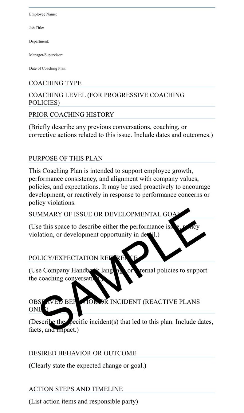 Op de afbeelding: Een wit document getiteld Coaching Plan met zwarte tekstvelden voor werknemersnaam, functietitel, afdeling, manager en datum. Het bevat secties voor coachingtype, geschiedenis, doel, doelen, beleid, incidenten, resultaten en actiestappen.