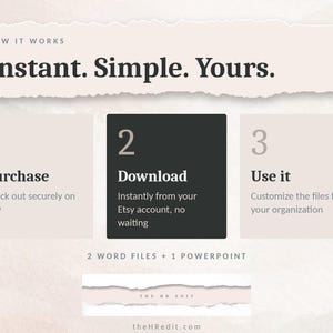 K&ouml;nnte beinhalten: Eine Infografik mit dem Titel How It Works: Instant. Simple. Yours. Sie zeigt drei Schritte: 1. Purchase, 2. Download und 3. Use it. Der Text 2 Word files + 1 PowerPoint steht darunter, gefolgt von der Website theHRedit.com am unteren Rand.