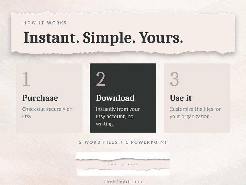 K&ouml;nnte beinhalten: Eine Infografik mit dem Titel How It Works: Instant. Simple. Yours. Sie zeigt drei Schritte: 1. Purchase, 2. Download und 3. Use it. Der Text 2 Word files + 1 PowerPoint steht darunter, gefolgt von der Website theHRedit.com am unteren Rand.