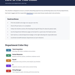 May include: A document titled How to Use This Guide featuring onboarding instructions and a department color key. It lists tasks for Talent Acquisition, Human Resources, Payroll, IT, and Hiring Manager, each with a specific color-coded badge.