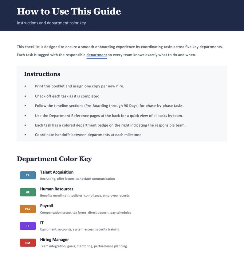 May include: A document titled How to Use This Guide featuring onboarding instructions and a department color key. It lists tasks for Talent Acquisition, Human Resources, Payroll, IT, and Hiring Manager, each with a specific color-coded badge.