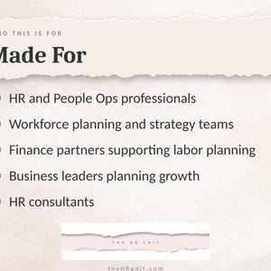 K&ouml;nnte beinhalten: Eine hellbeige Grafik mit abgerissenen Papierr&auml;ndern und dem Text "WHO THIS IS FOR" sowie "Made For" in Dunkelgrau. Eine Liste mit H&auml;kchen nennt HR- und People-Ops-Profis, Strategieteams, Finanzpartner, F&uuml;hrungskr&auml;fte und HR-Berater. Unten stehen "THE HR EDIT" und "theHRedit.com".