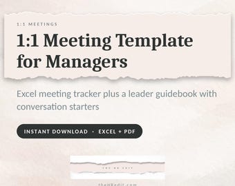 1:1 Meeting Template for Managers | One on One Meeting Tracker (Excel) + Leader Guidebook (PDF) | Coaching, Goals and Action Items