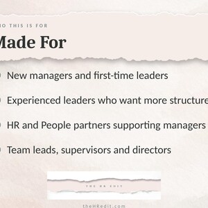 May include: A light-colored informational graphic with the heading Who This Is For Made For. It lists four target groups: new managers and first-time leaders, experienced leaders, HR and People partners, and team leads, supervisors, and directors.