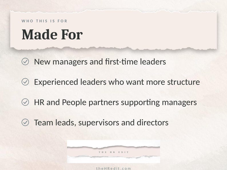 May include: A light-colored informational graphic with the heading Who This Is For Made For. It lists four target groups: new managers and first-time leaders, experienced leaders, HR and People partners, and team leads, supervisors, and directors.
