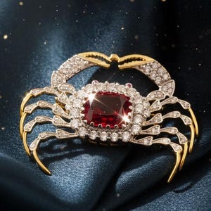 May include: A gold-coloured crab brooch featuring a large, square, red gemstone centre, encircled by smaller clear gemstones. The crab's claws and body are detailed with clear gemstones. The brooch is set on dark blue satin fabric.