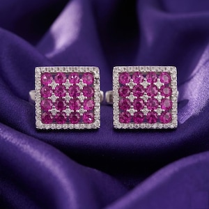 Pink Ruby Gemstone Cluster Cufflinks, 14k White Gold Plated, 925 Sterling Silver