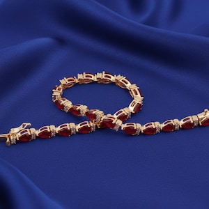 Pear Ruby Tennis Bracelet, 14k Gold Plated Sterling Silver, July Birthstone