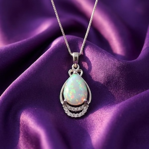 Pear Cut Opal Pendant Necklace, Sterling Silver Halo, October Birthstone Jewelry
