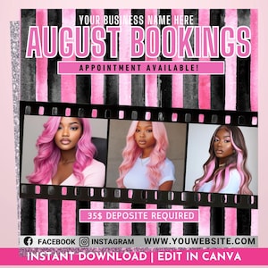 AugustBooking-Flyer, Haarverkauf-Flyer, August Books Open, DIY-Canva-Vorlage, Social-Media-Flyer für Perücken, Spezial-Flyer für Wimpern und Nägel