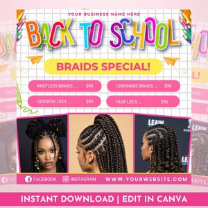 Back To School Booking Flyer, Back to school sale flyer, Back to school hair flyer, DIY canva template, Back 2 School , Braid Special Flyer