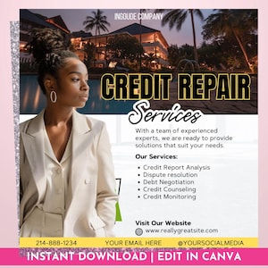 Peut inclure: Graphique promotionnel pour les services de réparation de crédit. L'image présente une femme en costume crème, avec le texte "CREDIT REPAIR Services" en grandes lettres grasses. Du texte supplémentaire énumère les services et une adresse de site Web.