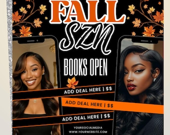 Fall Season Booking Flyer, Fall Szn Sale, September Booking Flyer, Fall Season Lash Nails Braids MUA Autumn Flyer, Fall Wig Install Flyer