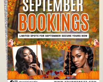 September Bookings,Fall Flyer,Booking Flyer,Hair Flyer,Books Open,DIY canva template,Wig Special Social Media,Lash,Nail Braid Special Flyer