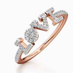 IGI-zertifizierter rund geschnittener Diamantring, LOVE-Briefring, zierlicher kursiver Buchstabenring, Script Love Ring